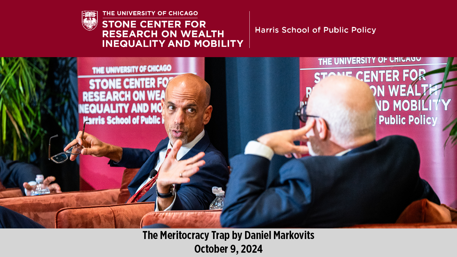 Daniel Markovits (left) and Steven Durauf (right) speaking on stage at a Stone Center book talk event.