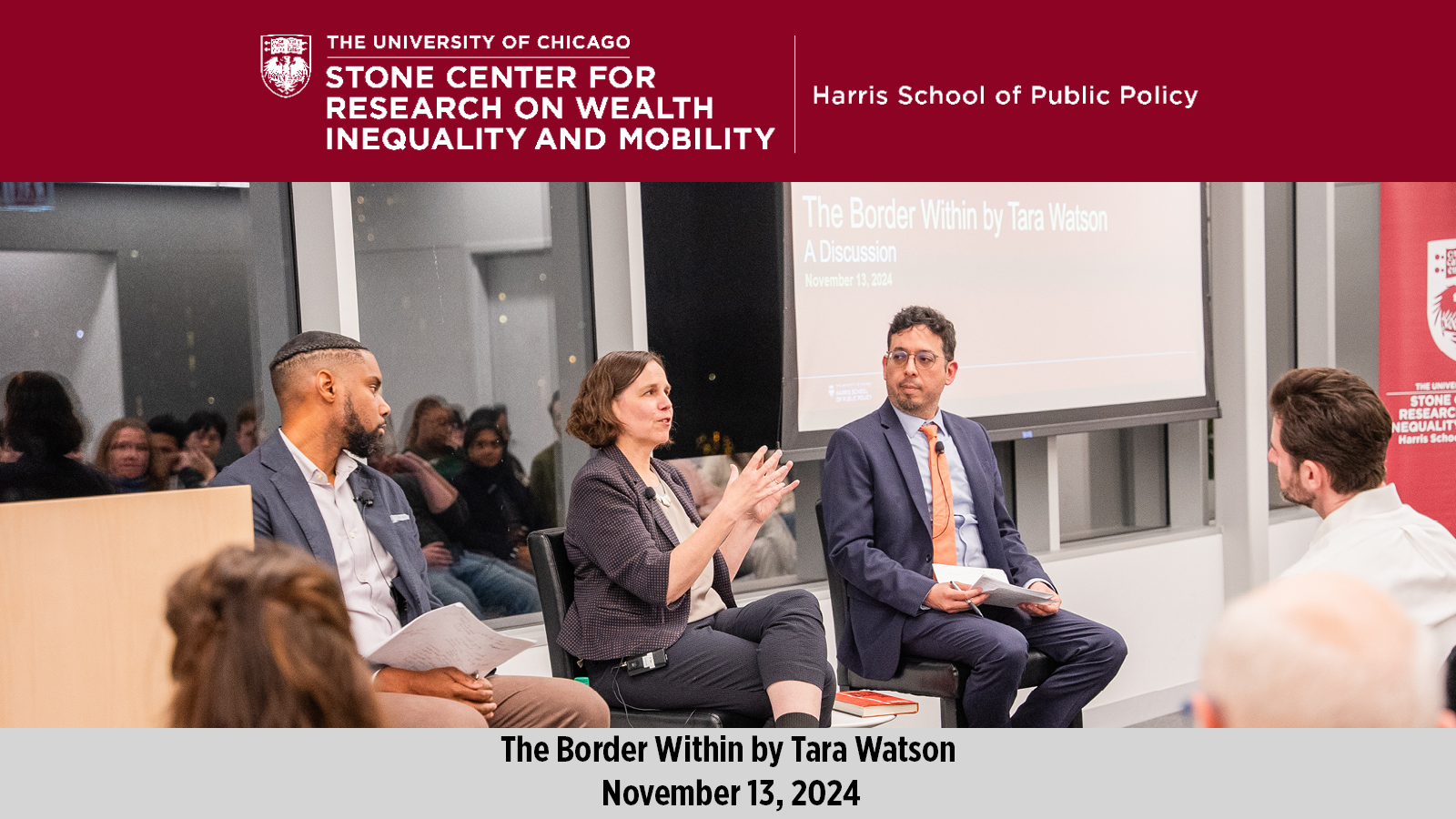 Damon Jones (left), Tara Watson (center), and Rene Flores during a panel discussion at a book talk event. 