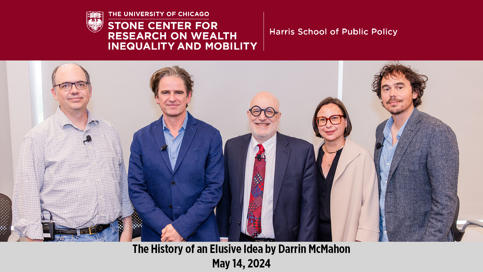 Scott Ashworth, Darrin McMahon, Steven Durlauf, Jenny Trinitapoli, and Jonathan Levy (left to right) standing on stage for a Stone Center book talk event. 