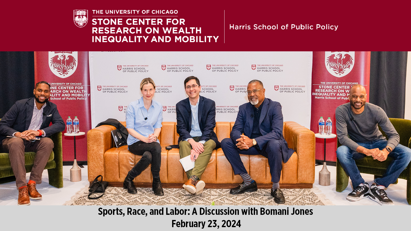 Damon Jones, Ilyana Kuziemko, Matthew Notowidigdo, Kenneth Shropshire, and Bomani Jones (left to right) seated on a stage during a stone center discussion event. 