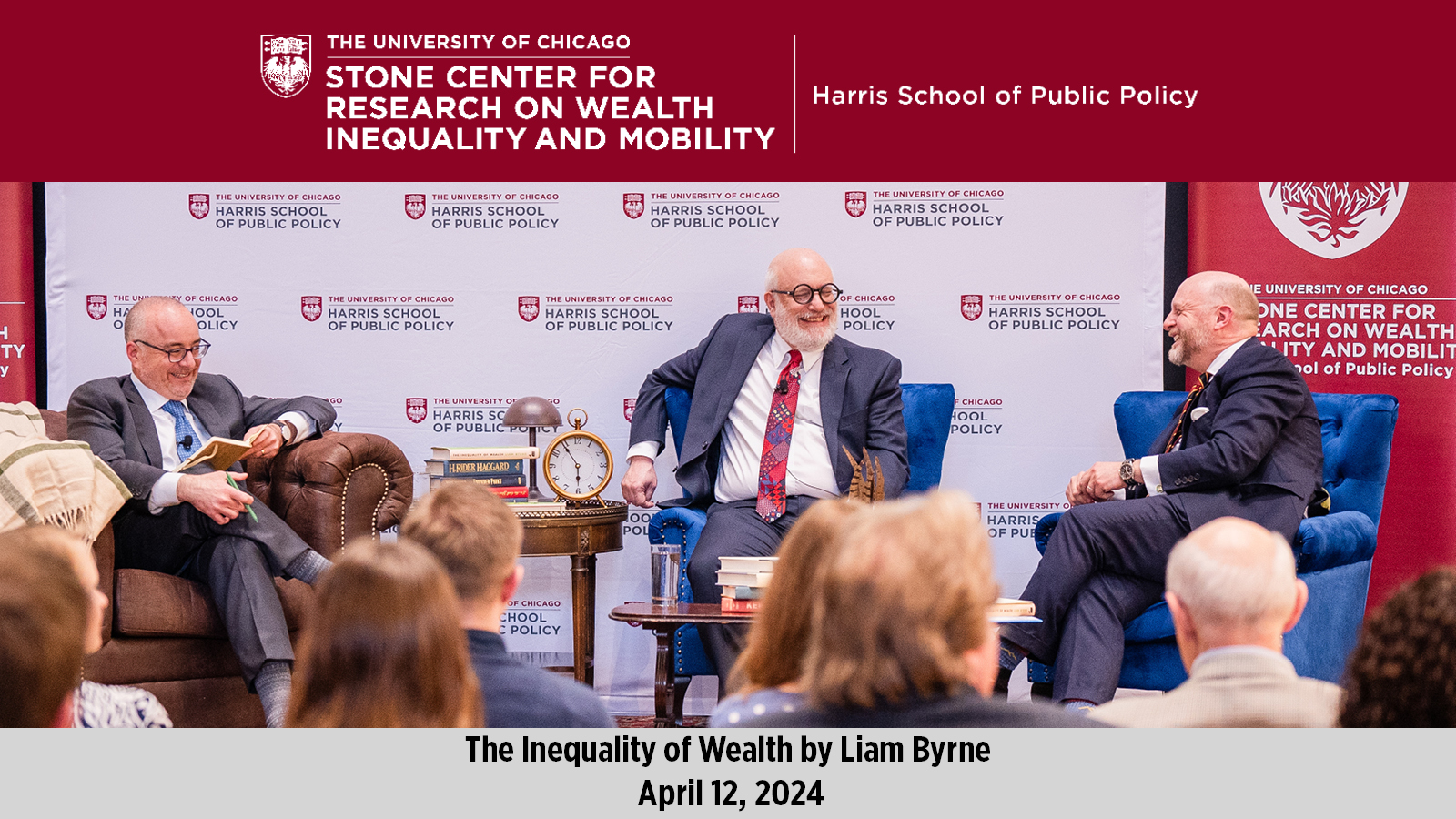 Ethan Bueno De Mesquita, Steven Durlauf, and Liam Byrne seated on a stage for a Stone Center book talk event. 