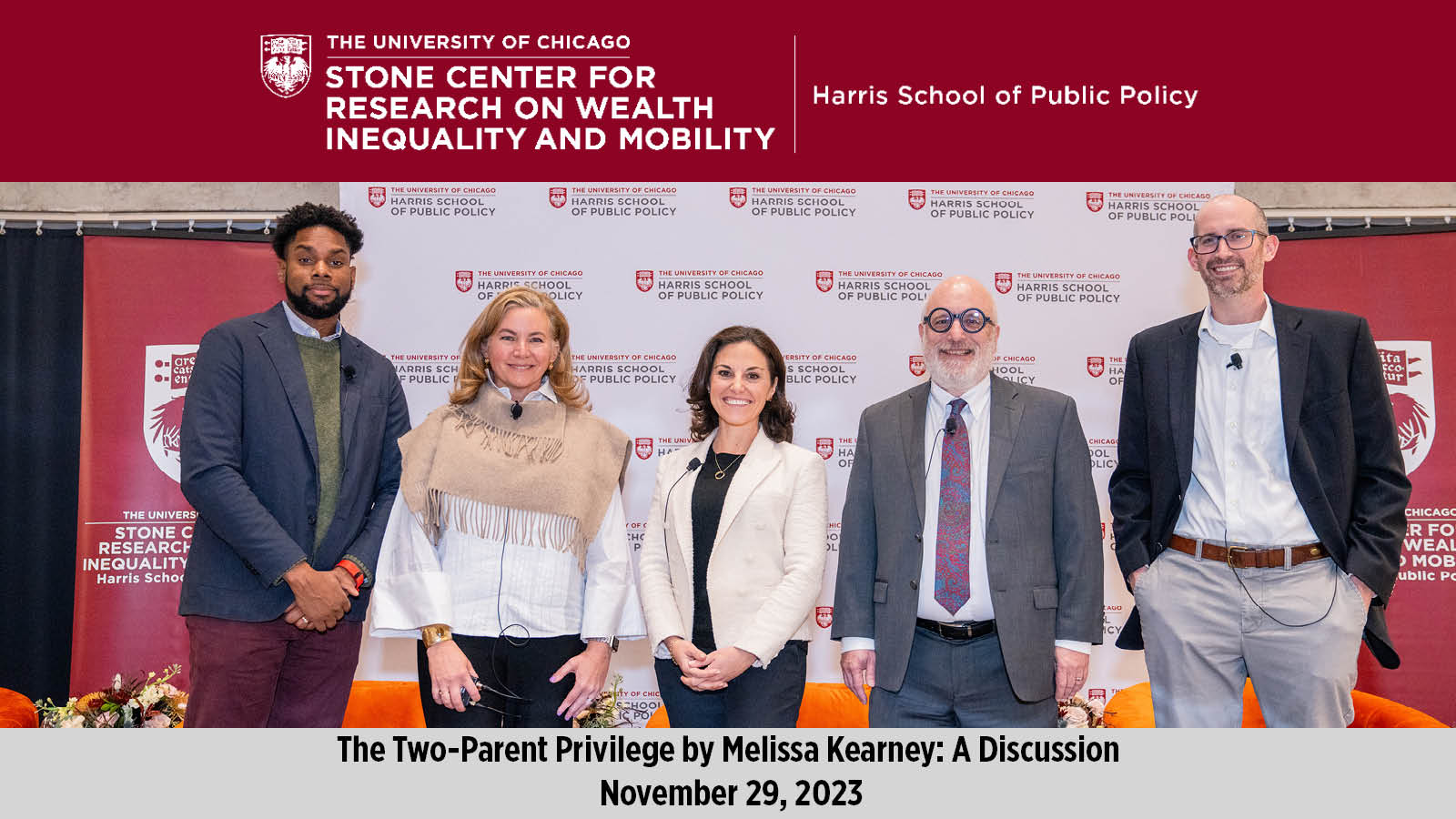 Damon Jones, Ariel Kalil, Melissa Kearny, Steven Durlauf, Geoff Wordtke (left to right) stand on a stage for a Stone Center Book Talk Event. 