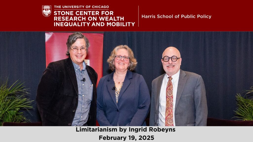 David Lay Williams (left), Indrid Robeyns (center), and Steven Durlauf (right) on stage at a Stone Center Book Talk event.